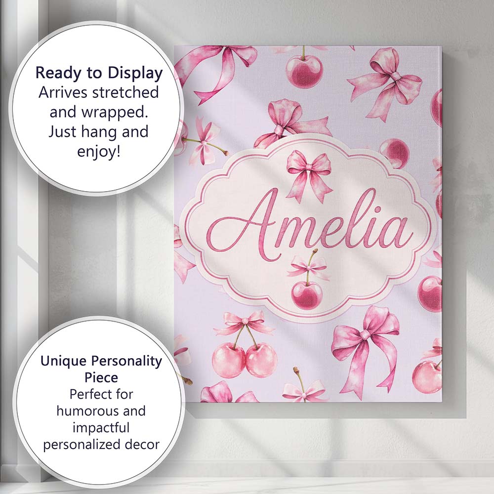 Personalised Name Watercolor Pink Cherry Ribbon Bow Seamless Pattern Custom Home Canvas Wall Art Print Decor Picture Ready to Hang