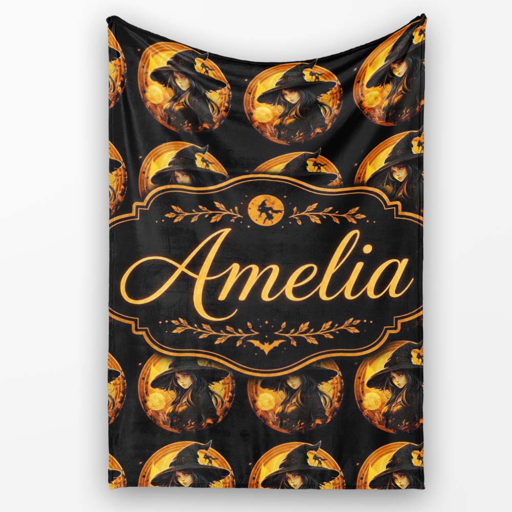 Halloween Witch with Moon Magical Dark Seamless Pattern Name Cute Personalised Custom Name Super Soft Fleece Blanket Bed Sofa Throw