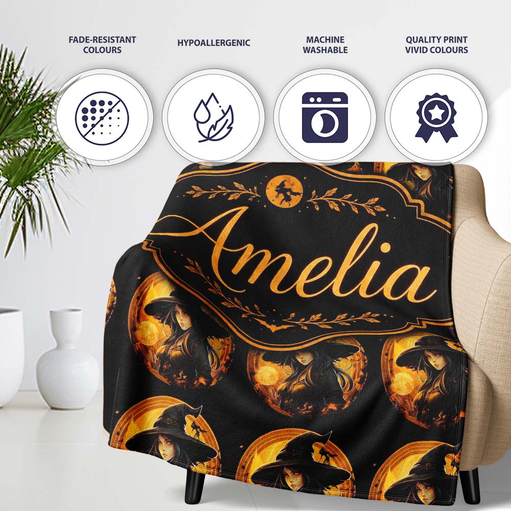 Halloween Witch with Moon Magical Dark Seamless Pattern Name Cute Personalised Custom Name Super Soft Fleece Blanket Bed Sofa Throw