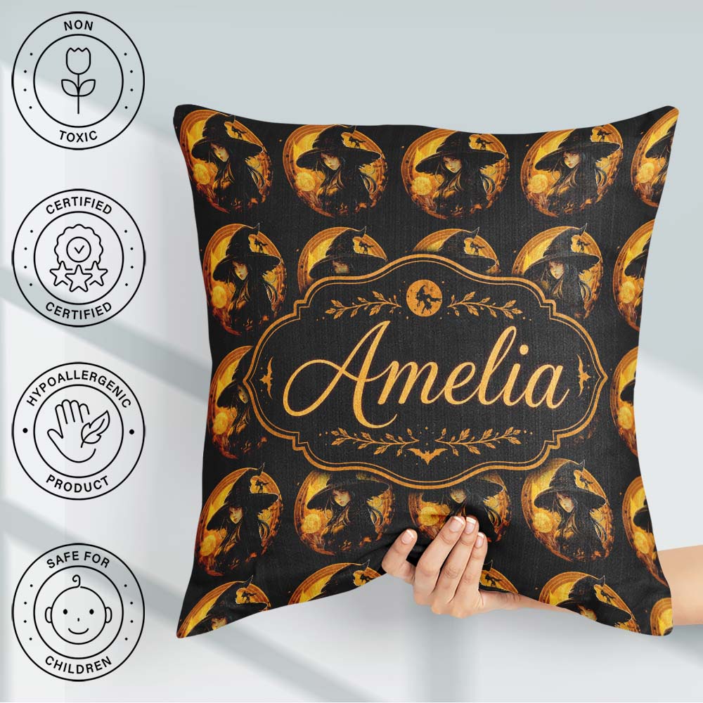 Custom Name Halloween Witch with Moon Magical Dark Seamless Name Square Filled Cushion Throw Pillow Sofa Bed Home Decor Zip Washable UK Made