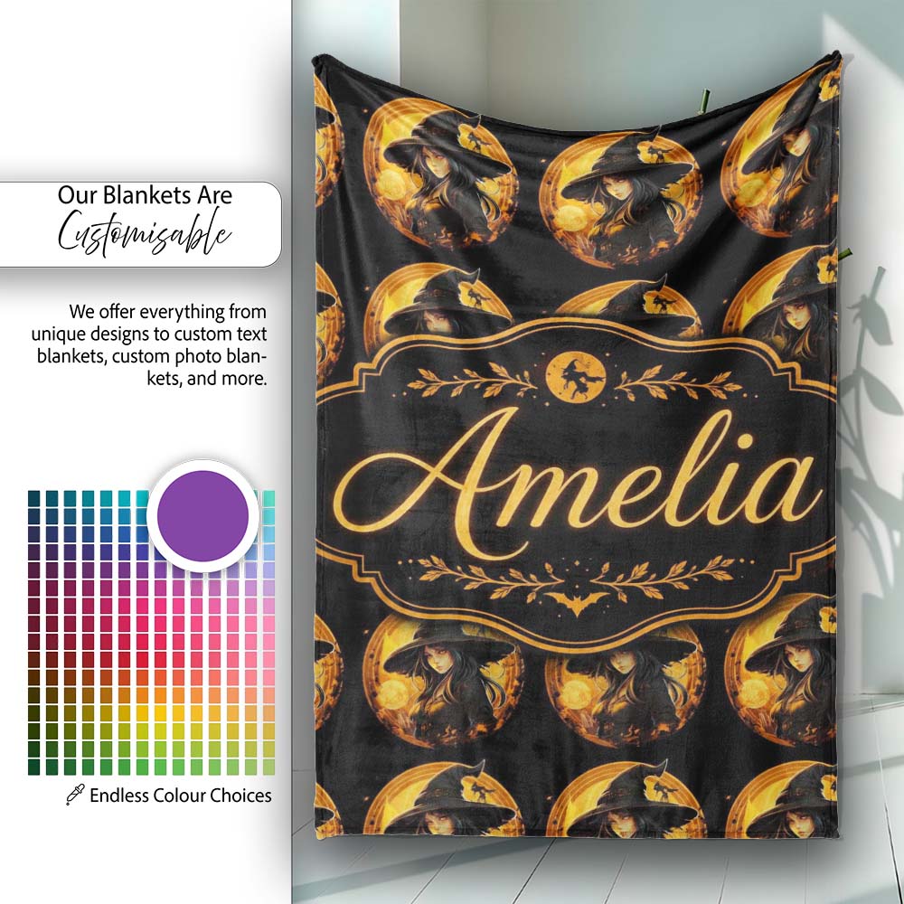Halloween Witch with Moon Magical Dark Seamless Pattern Name Cute Personalised Custom Name Super Soft Fleece Blanket Bed Sofa Throw