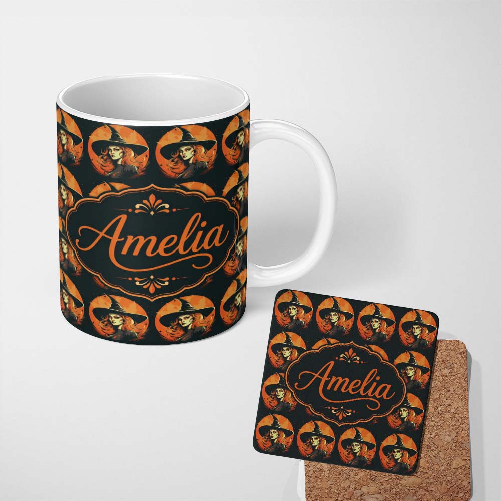 Personalized Custom Name Vintage Halloween Witch Portrait Orange Moon Seamless Pattern Name 11oz Ceramic Coffee Tea Mug White Large Handle