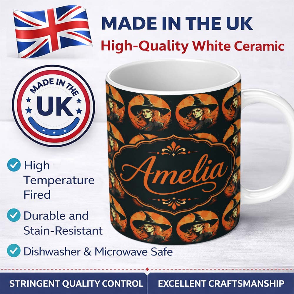 Personalized Custom Name Vintage Halloween Witch Portrait Orange Moon Seamless Pattern Name 11oz Ceramic Coffee Tea Mug White Large Handle