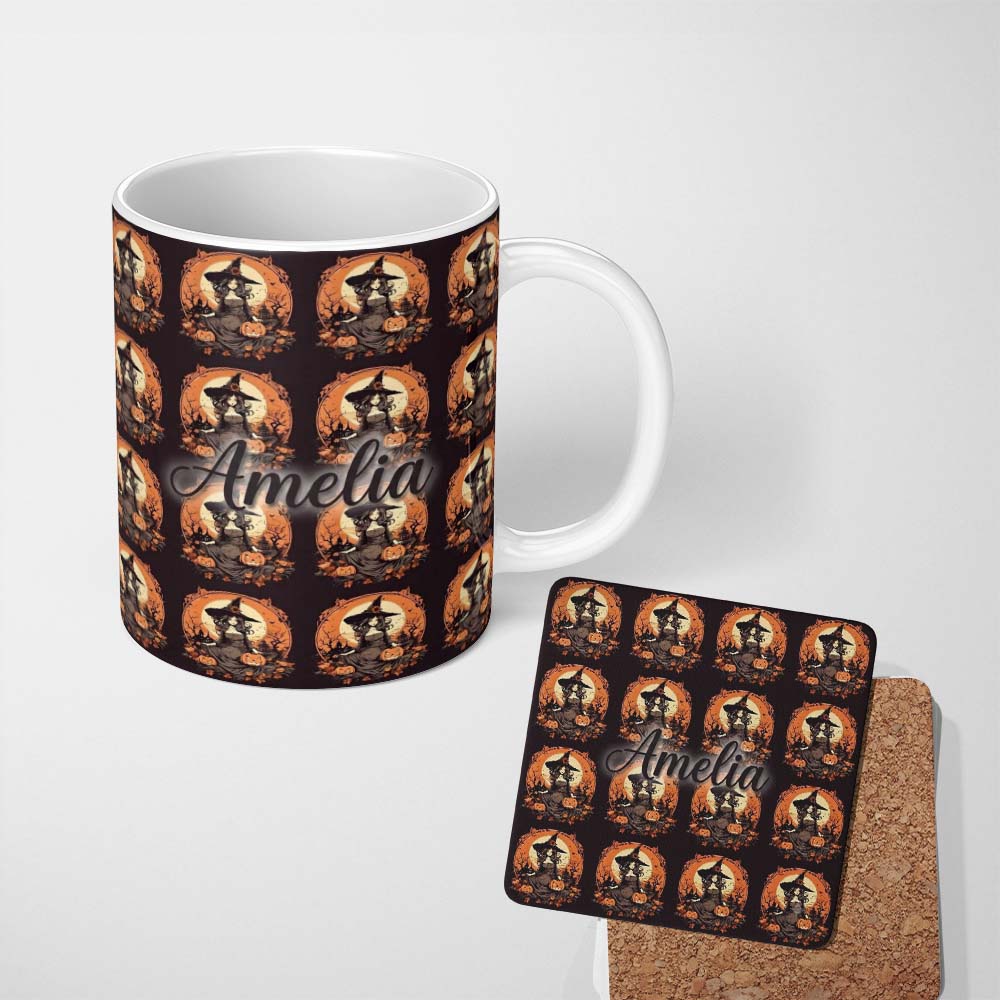 Personalized Custom Name Autumn Witch Pumpkin Scene Spooky Night Seamless Pattern Name Cute 11oz Ceramic Coffee Tea Mug White Large Handle