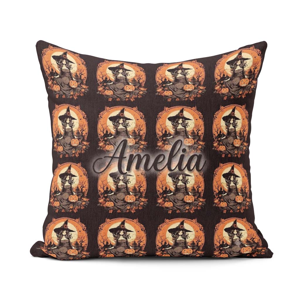 Custom Name Autumn Witch Pumpkin Scene Spooky Night Pattern Name Square Filled Cushion Throw Pillow Sofa Bed Home Decor Zip Washable UK Made