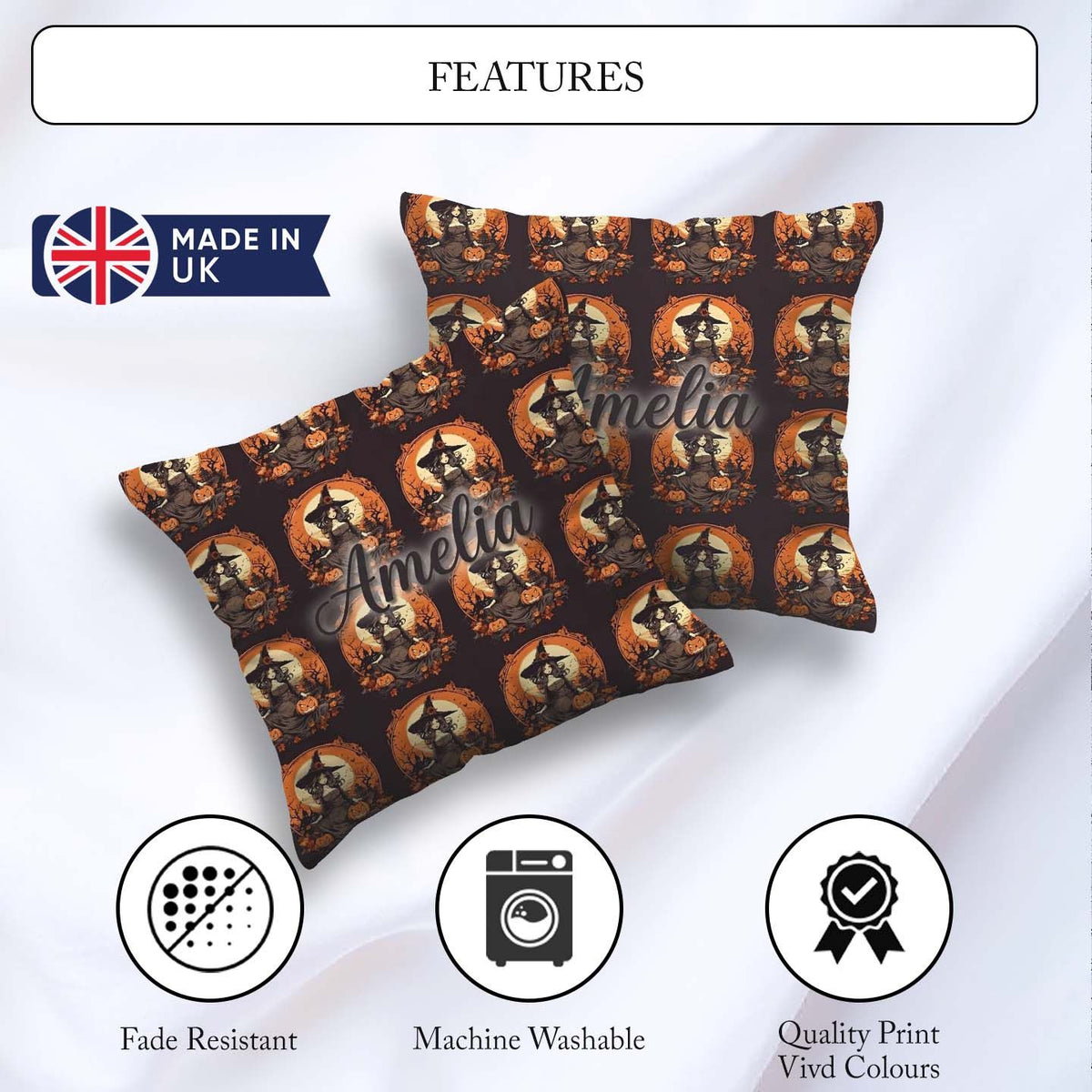 Custom Name Autumn Witch Pumpkin Scene Spooky Night Pattern Name Square Filled Cushion Throw Pillow Sofa Bed Home Decor Zip Washable UK Made