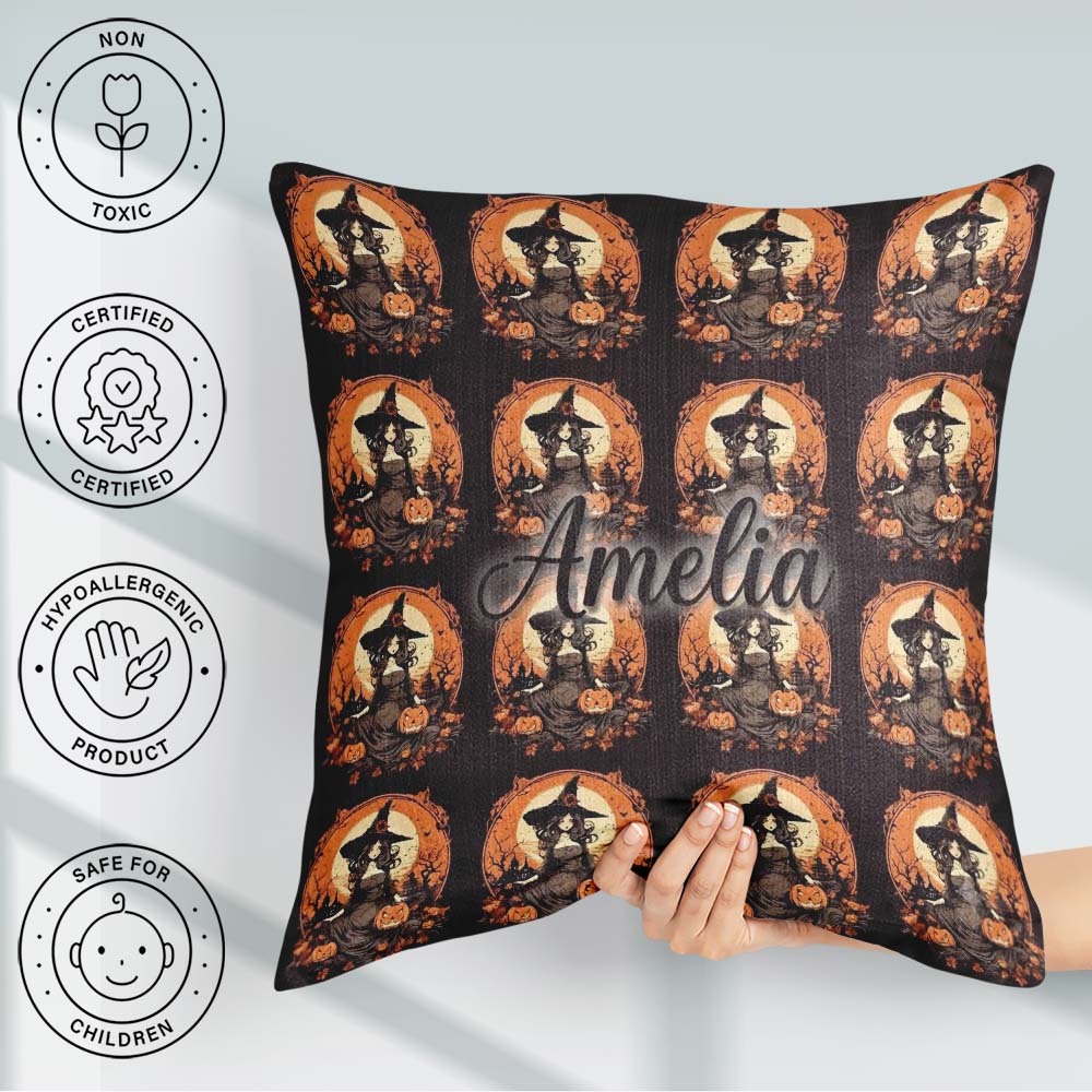 Custom Name Autumn Witch Pumpkin Scene Spooky Night Pattern Name Square Filled Cushion Throw Pillow Sofa Bed Home Decor Zip Washable UK Made