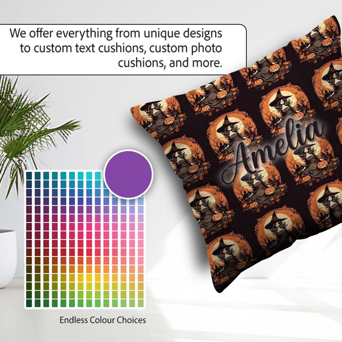Custom Name Autumn Witch Pumpkin Scene Spooky Night Pattern Name Square Filled Cushion Throw Pillow Sofa Bed Home Decor Zip Washable UK Made