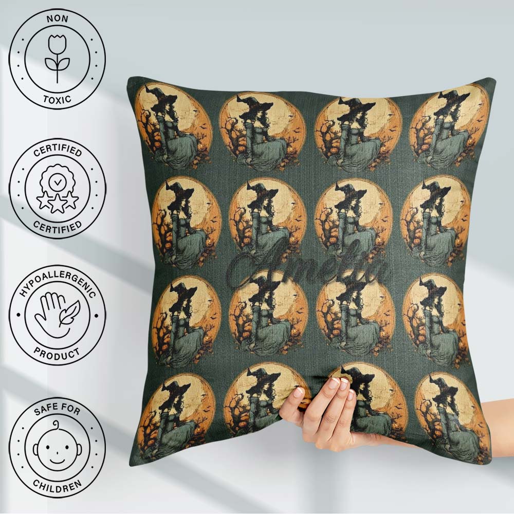 Custom Name Elegant Gothic Witch Moonlit Night Pattern Name Cute Square Filled Cushion Throw Pillow Sofa Bed Home Decor Zip Washable UK Made