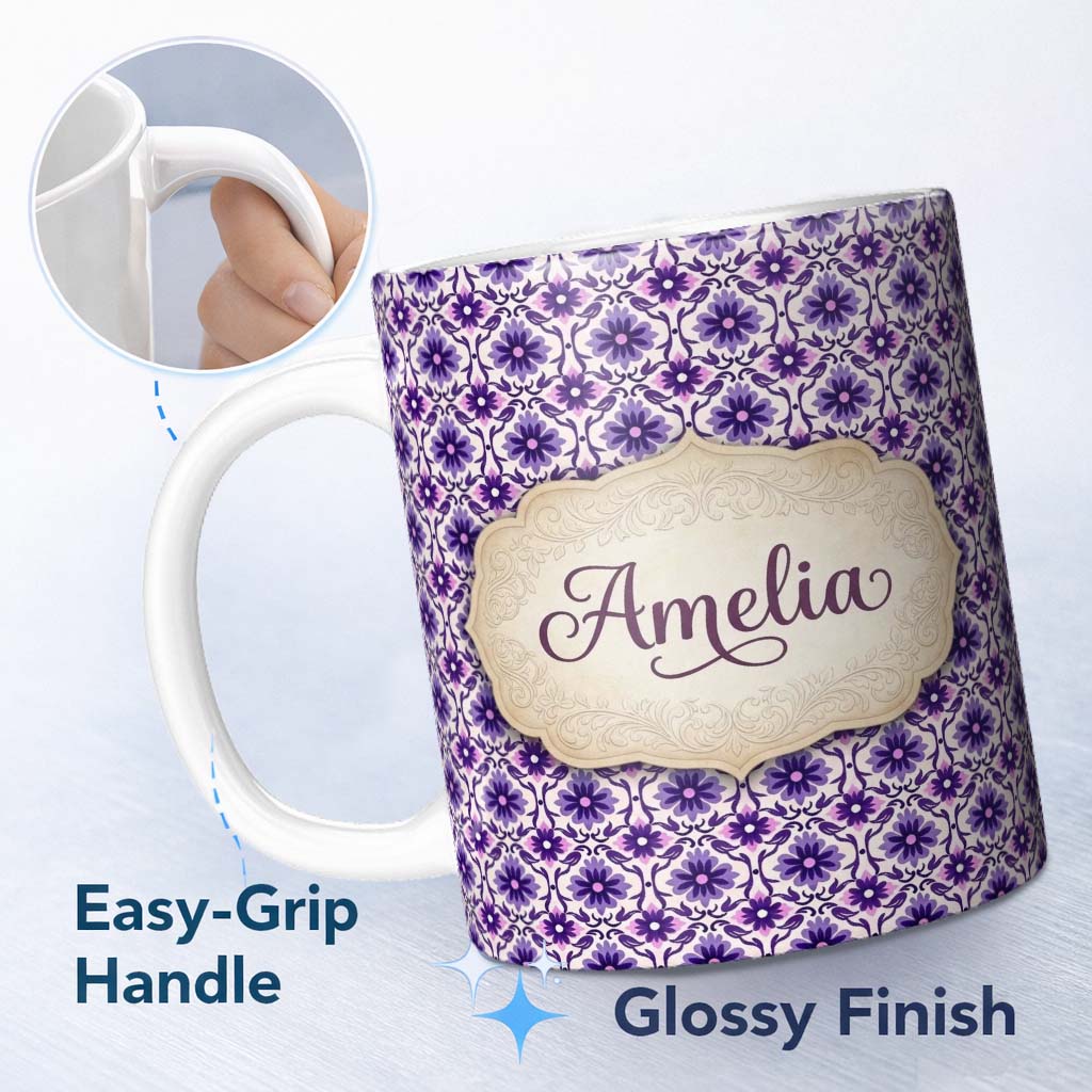 Personalized Custom Name Purple Floral Geometric Tile Style Seamless Pattern Name Cute 11oz Ceramic Coffee Tea Mug White Large Handle
