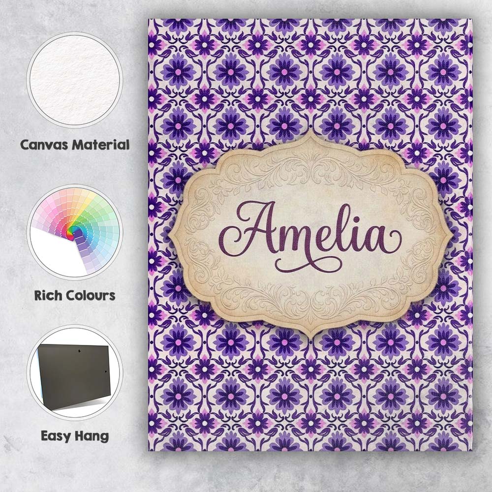 Personalised Name Purple Floral Geometric Custom Unique Gift Idea Elegant Feature Canvas Wall Art Print Decor Picture Ready to Hang