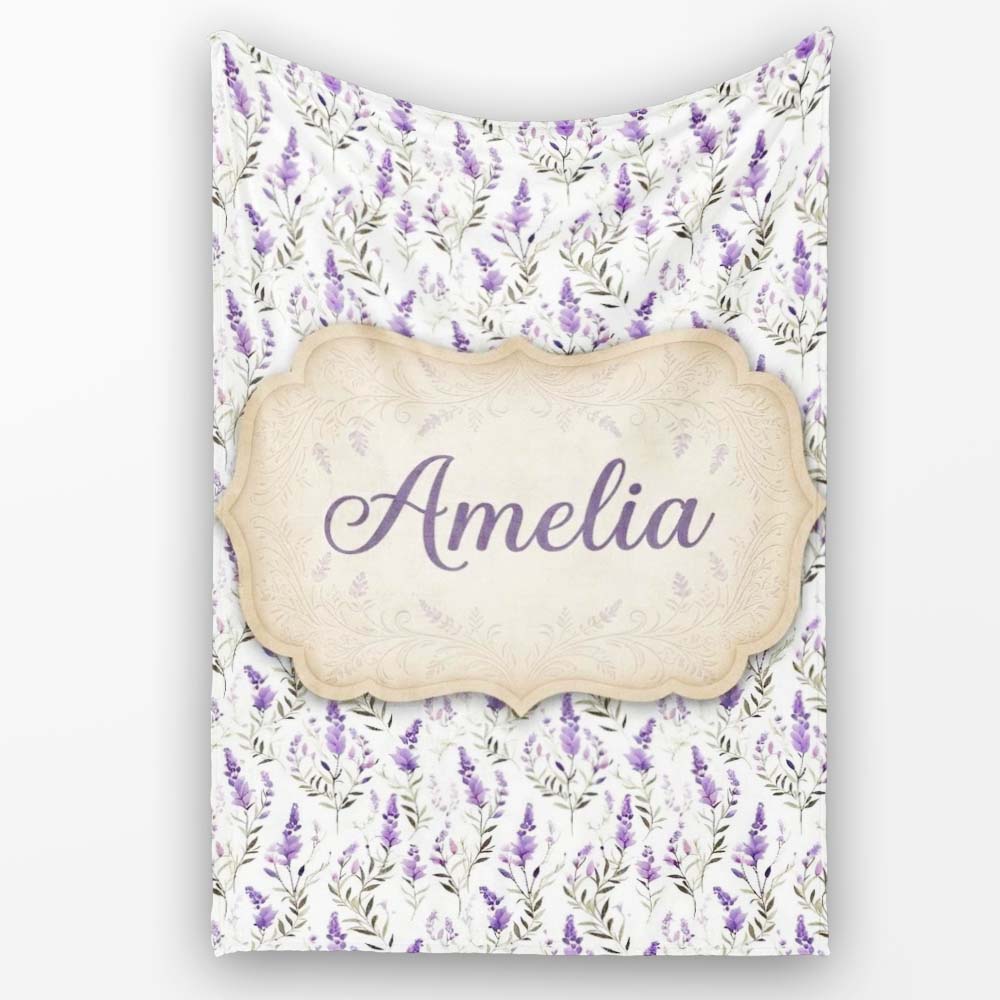 Soft Lavender Botanical Floral Seamless Pattern Name Cute Unique Personalised Custom Name Super Soft Fleece Blanket Bed Sofa Throw
