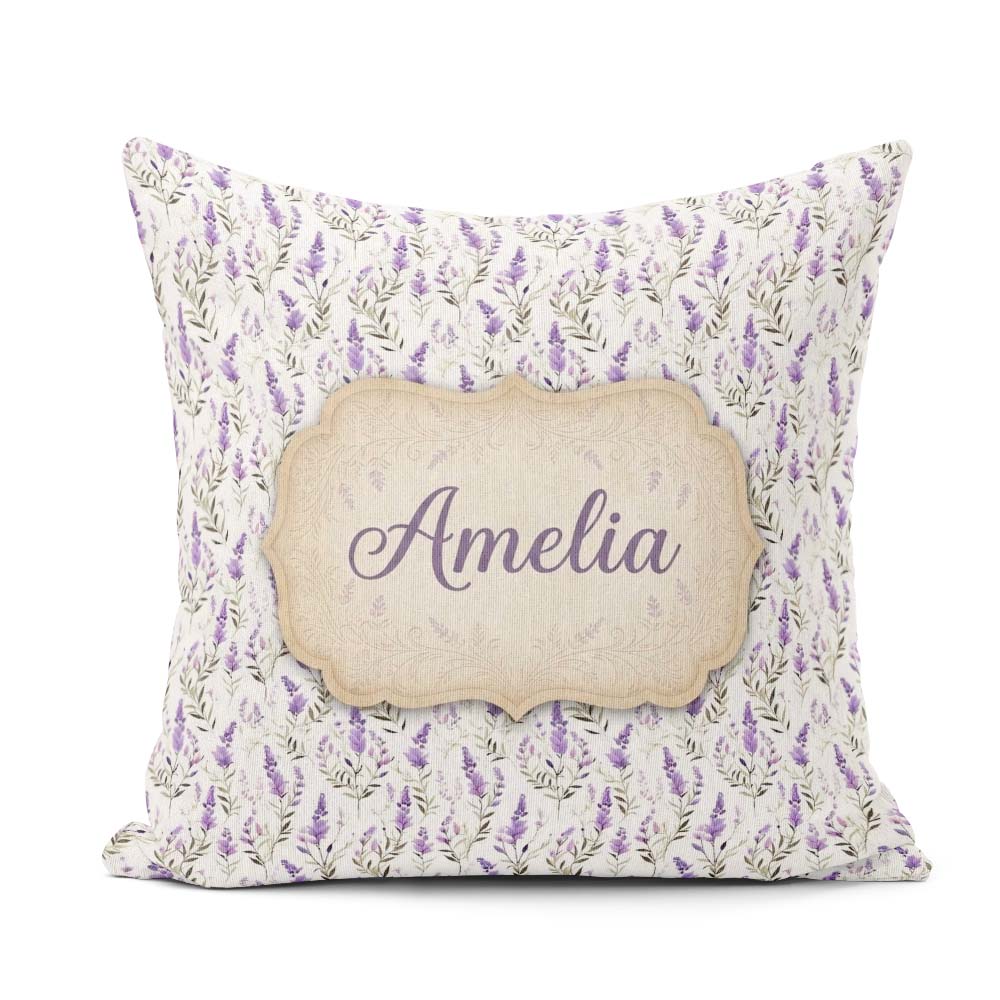 Custom Name Soft Lavender Botanical Floral Seamless Pattern Name Square Filled Cushion Throw Pillow Sofa Bed Home Decor Zip Washable UK Made