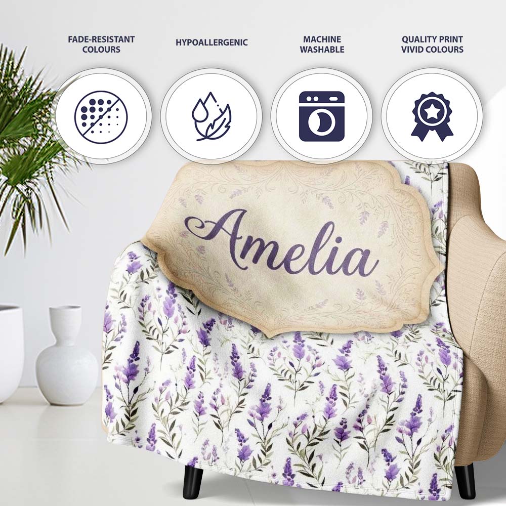 Soft Lavender Botanical Floral Seamless Pattern Name Cute Unique Personalised Custom Name Super Soft Fleece Blanket Bed Sofa Throw