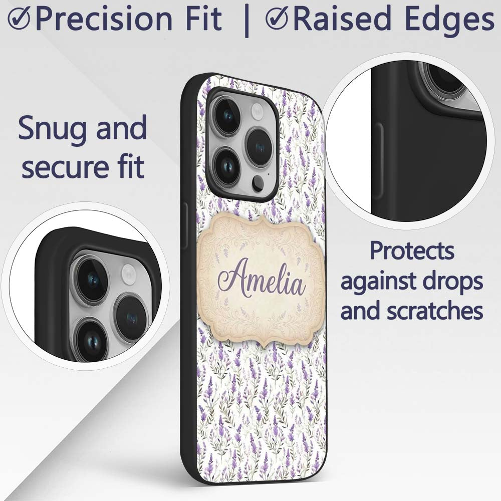 Soft Lavender Botanical Floral Seamless Pattern Custom Name Protective Phone Case Mobile Cover Durable Everyday Smartphone Shock Resistant