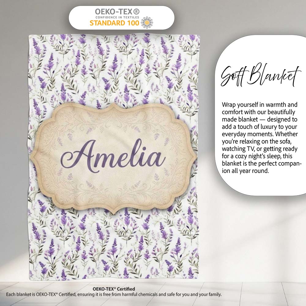 Soft Lavender Botanical Floral Seamless Pattern Name Cute Unique Personalised Custom Name Super Soft Fleece Blanket Bed Sofa Throw