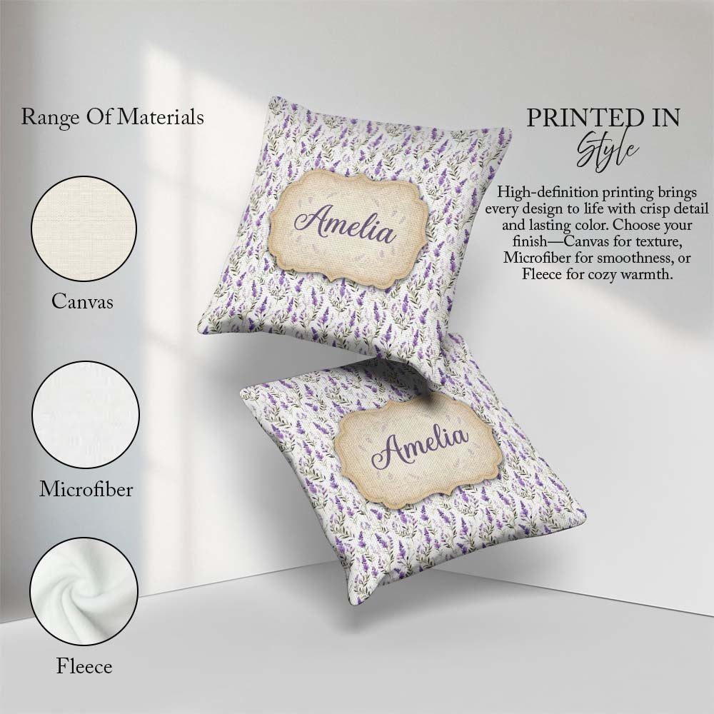 Custom Name Soft Lavender Botanical Floral Seamless Pattern Name Square Filled Cushion Throw Pillow Sofa Bed Home Decor Zip Washable UK Made
