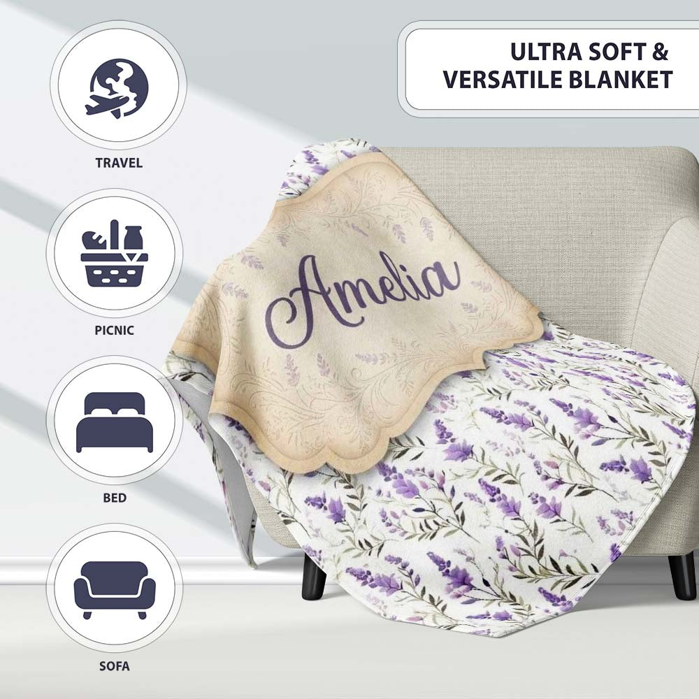 Soft Lavender Botanical Floral Seamless Pattern Name Cute Unique Personalised Custom Name Super Soft Fleece Blanket Bed Sofa Throw