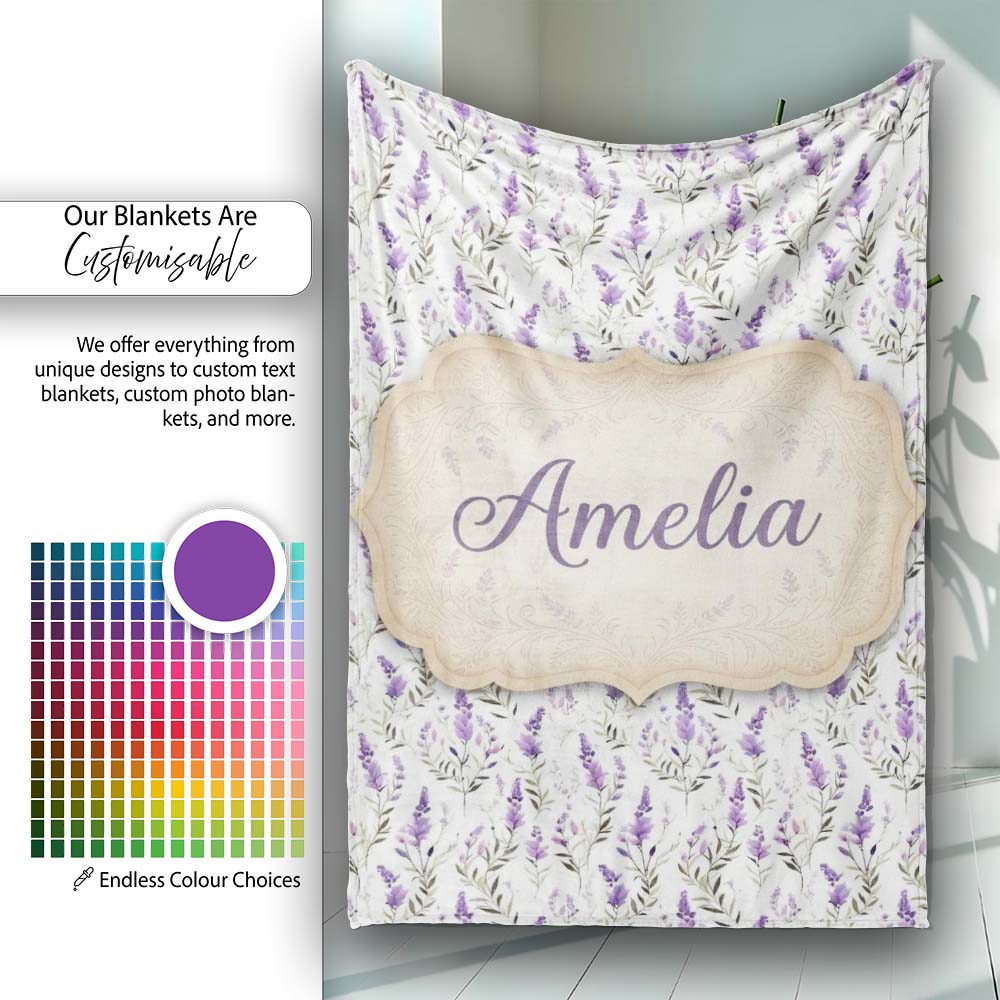 Soft Lavender Botanical Floral Seamless Pattern Name Cute Unique Personalised Custom Name Super Soft Fleece Blanket Bed Sofa Throw