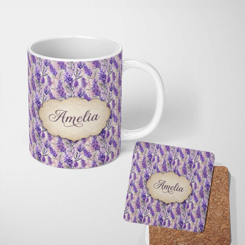 Personalized Custom Name Soft Lavender Floral Botanical Watercolor Seamless Pattern Name Cute 11oz Ceramic Coffee Tea Mug White Large Handle