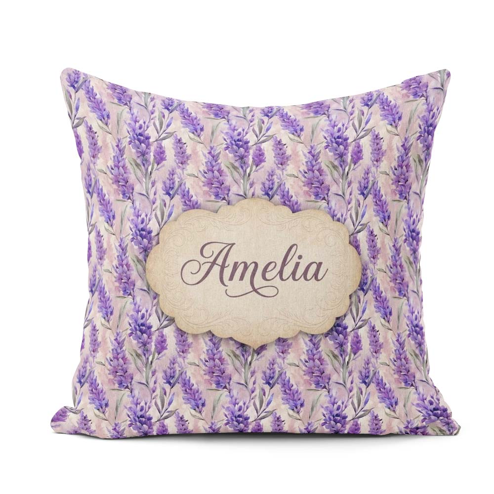 Custom Name Soft Lavender Floral Botanical Seamless Pattern Name Square Filled Cushion Throw Pillow Sofa Bed Home Decor Zip Washable UK Made