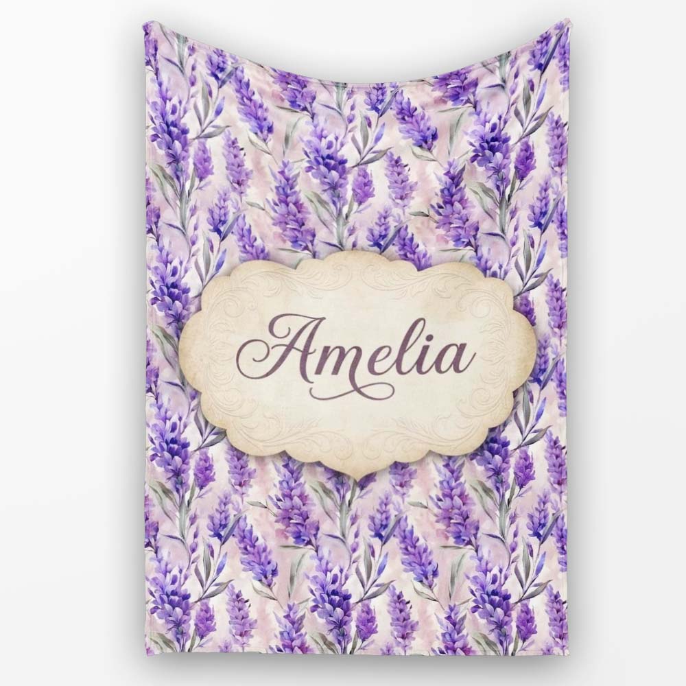 Soft Lavender Floral Botanical Watercolor Seamless Pattern Name Cute Personalised Custom Name Super Soft Fleece Blanket Bed Sofa Throw