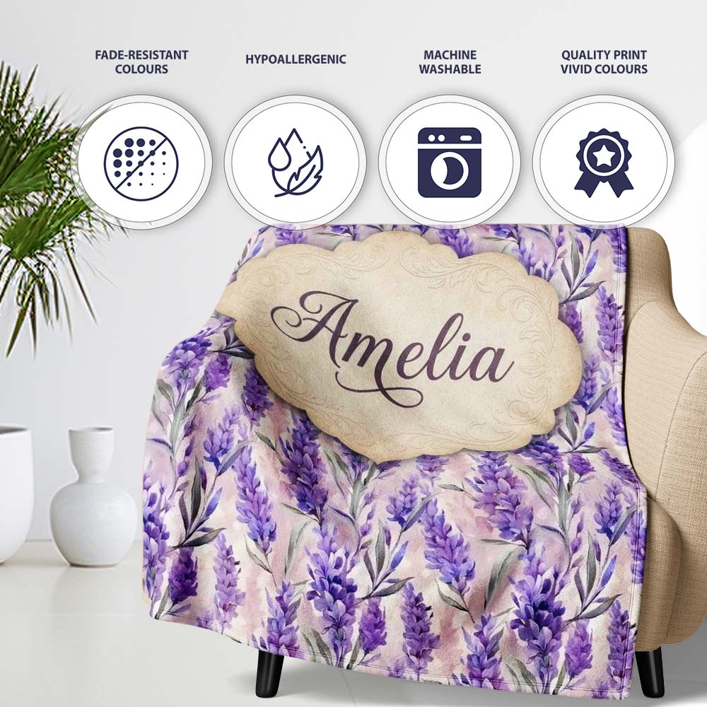 Soft Lavender Floral Botanical Watercolor Seamless Pattern Name Cute Personalised Custom Name Super Soft Fleece Blanket Bed Sofa Throw