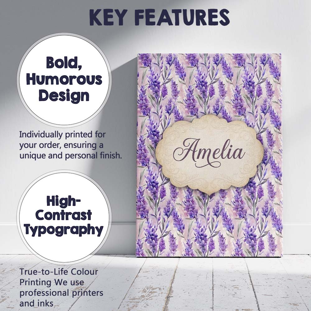 Personalised Name Soft Lavender Floral Custom Modern Room Accent Elegant Feature Canvas Wall Art Print Decor Picture Ready to Hang