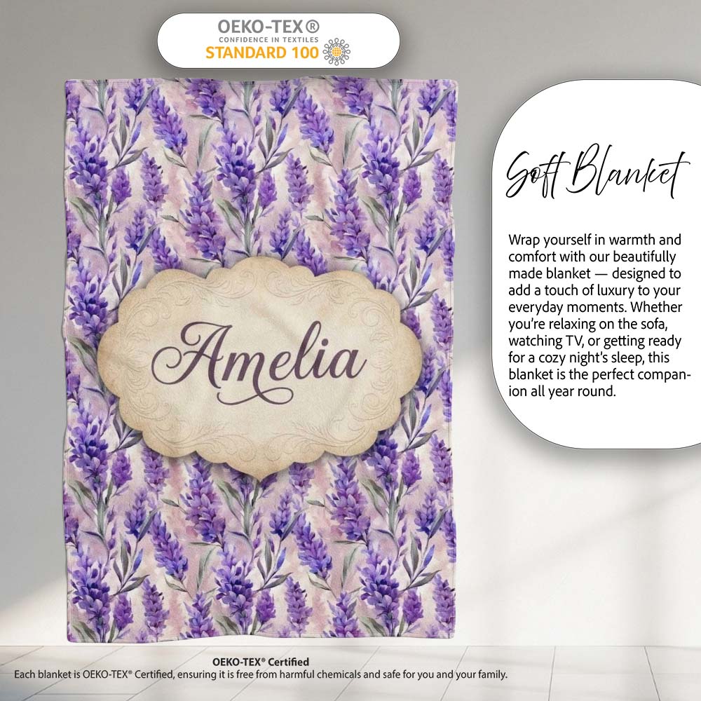 Soft Lavender Floral Botanical Watercolor Seamless Pattern Name Cute Personalised Custom Name Super Soft Fleece Blanket Bed Sofa Throw