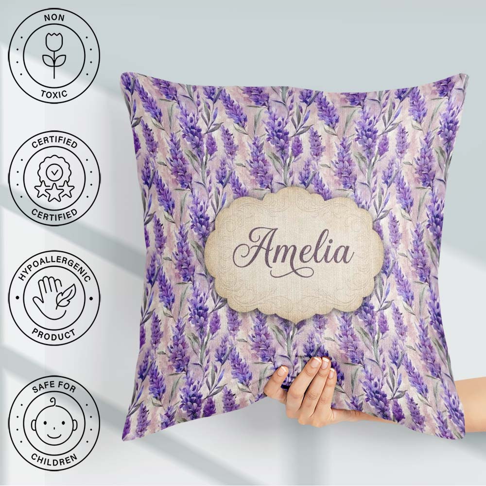 Custom Name Soft Lavender Floral Botanical Seamless Pattern Name Square Filled Cushion Throw Pillow Sofa Bed Home Decor Zip Washable UK Made