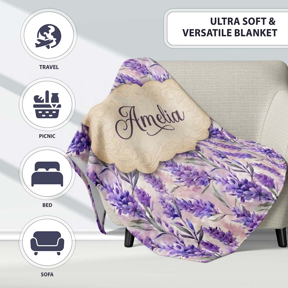 Soft Lavender Floral Botanical Watercolor Seamless Pattern Name Cute Personalised Custom Name Super Soft Fleece Blanket Bed Sofa Throw