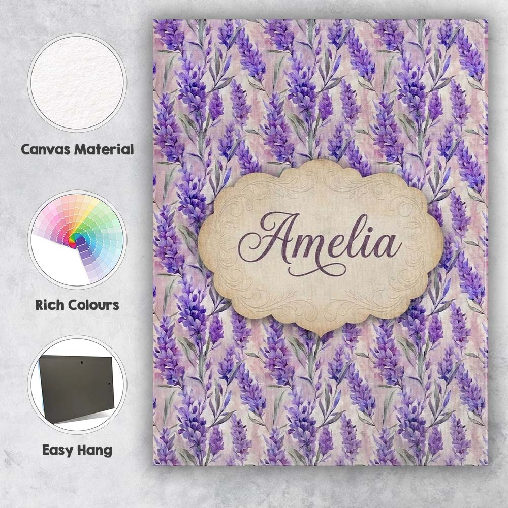Personalised Name Soft Lavender Floral Custom Modern Room Accent Elegant Feature Canvas Wall Art Print Decor Picture Ready to Hang