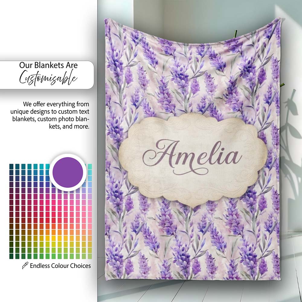Soft Lavender Floral Botanical Watercolor Seamless Pattern Name Cute Personalised Custom Name Super Soft Fleece Blanket Bed Sofa Throw