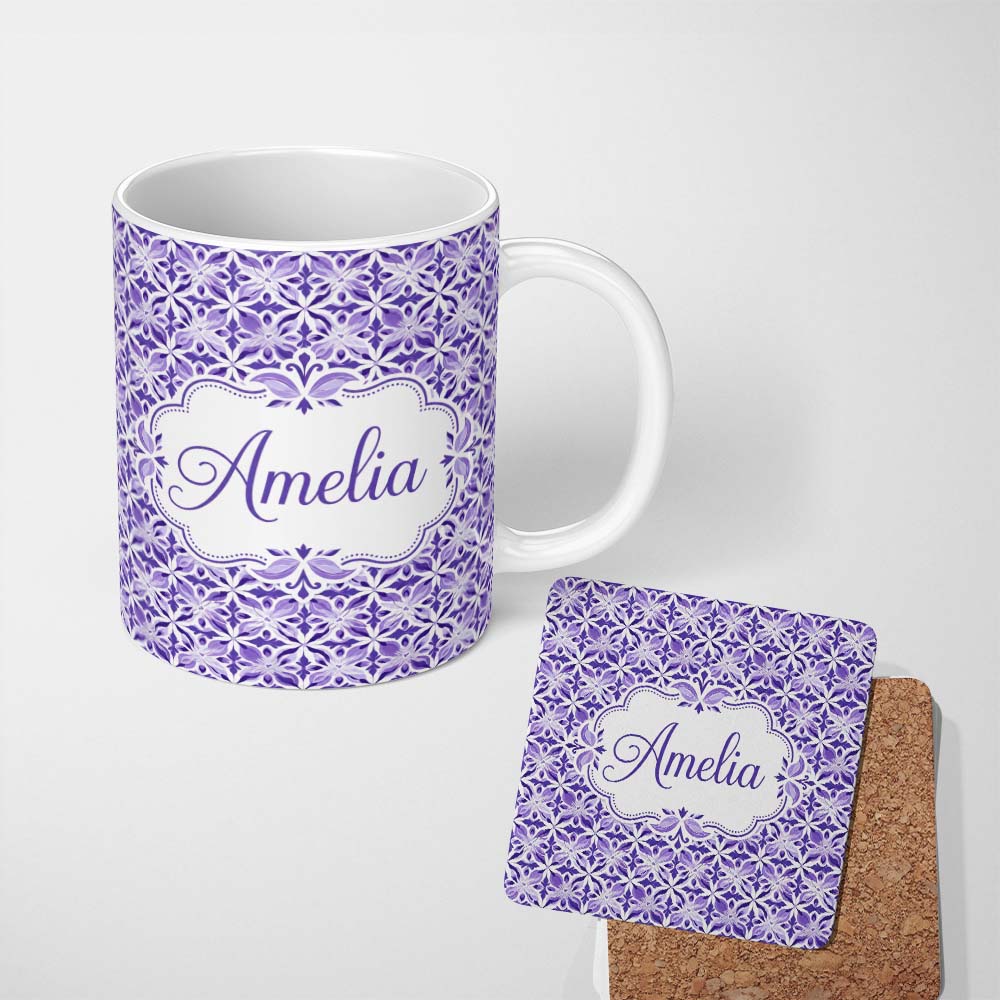 Personalized Custom Name Purple Geometric Floral Tile Decorative Seamless Pattern Name Cute 11oz Ceramic Coffee Tea Mug White Large Handle