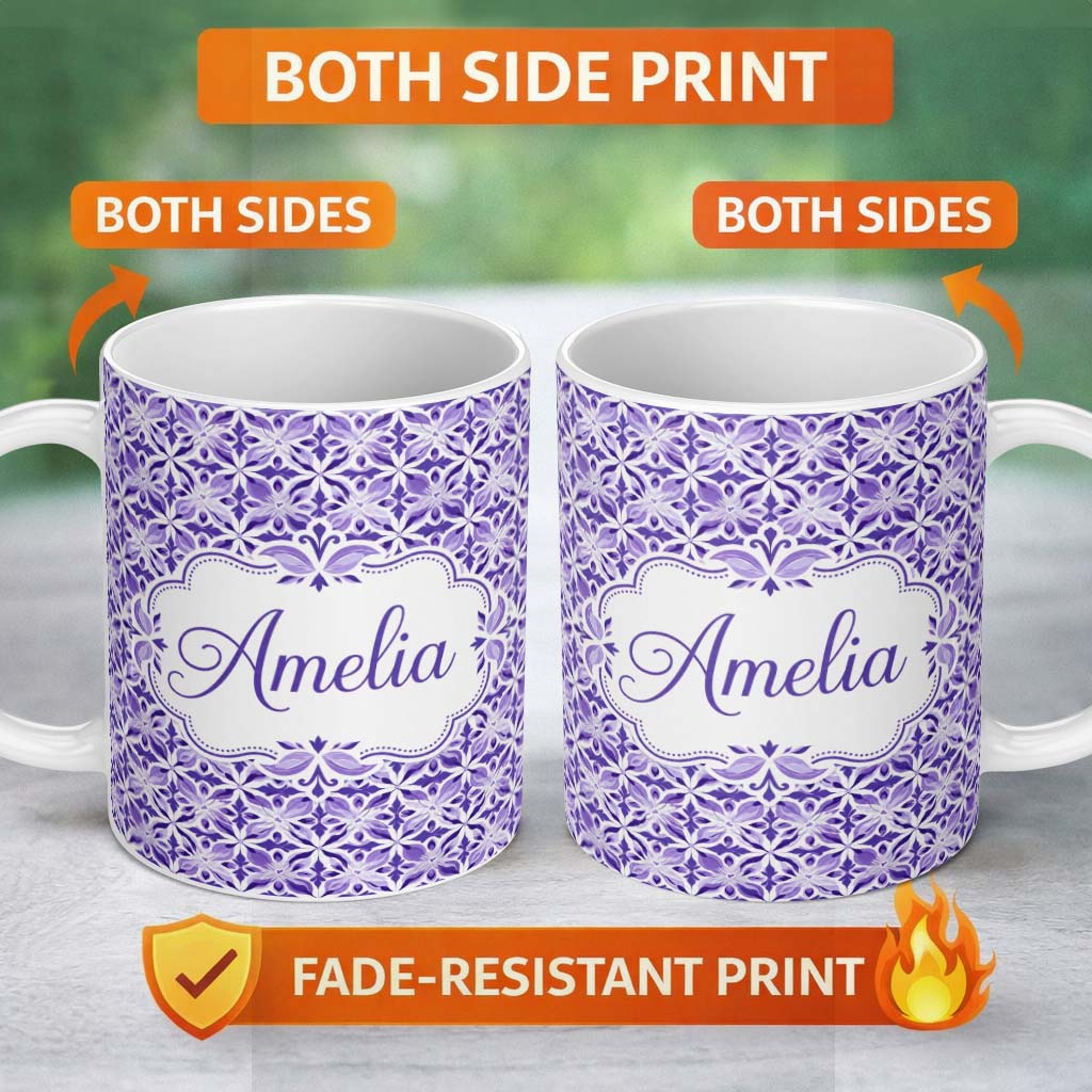 Personalized Custom Name Purple Geometric Floral Tile Decorative Seamless Pattern Name Cute 11oz Ceramic Coffee Tea Mug White Large Handle