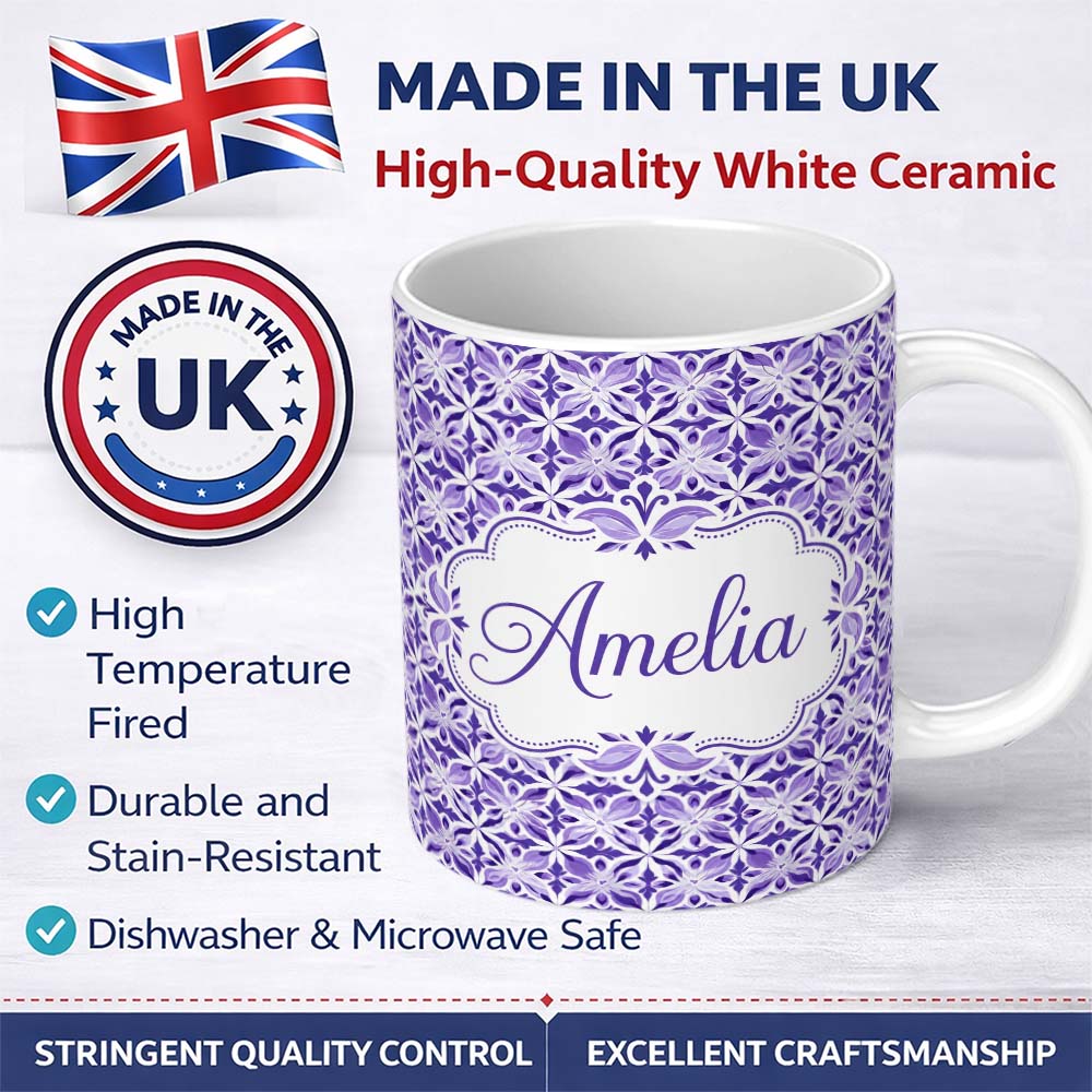 Personalized Custom Name Purple Geometric Floral Tile Decorative Seamless Pattern Name Cute 11oz Ceramic Coffee Tea Mug White Large Handle
