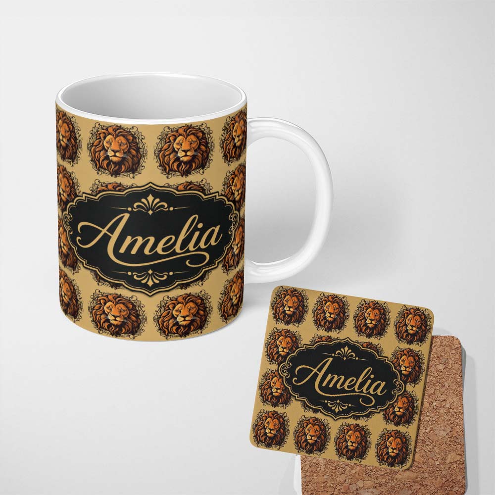 Personalized Custom Name Majestic Lion Head Vintage Ornamental Seamless Pattern Name Cute 11oz Ceramic Coffee Tea Mug White Large Handle