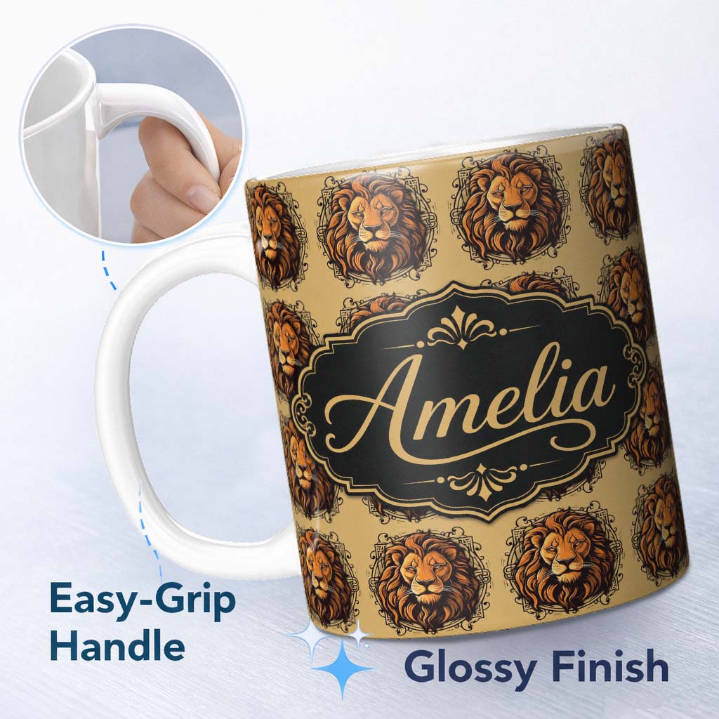 Personalized Custom Name Majestic Lion Head Vintage Ornamental Seamless Pattern Name Cute 11oz Ceramic Coffee Tea Mug White Large Handle