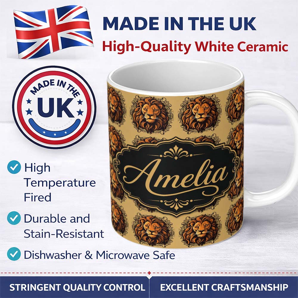 Personalized Custom Name Majestic Lion Head Vintage Ornamental Seamless Pattern Name Cute 11oz Ceramic Coffee Tea Mug White Large Handle