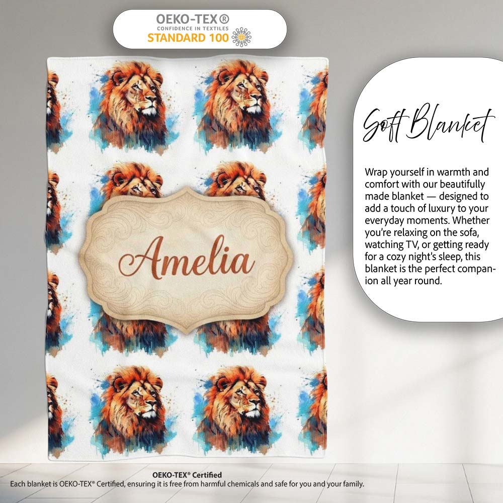 Colorful Lion Face Artistic Paint Splash Seamless Pattern Custom Personalised Custom Name Super Soft Fleece Blanket Bed Sofa Throw