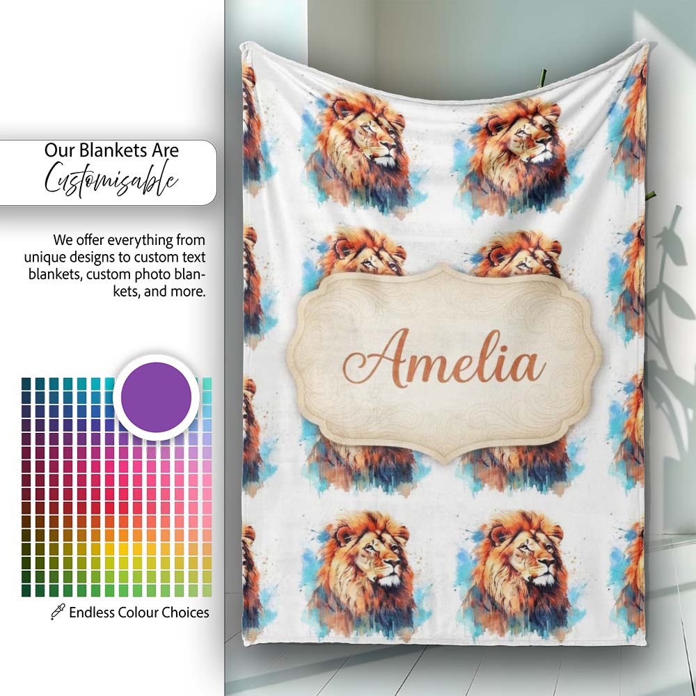 Colorful Lion Face Artistic Paint Splash Seamless Pattern Custom Personalised Custom Name Super Soft Fleece Blanket Bed Sofa Throw