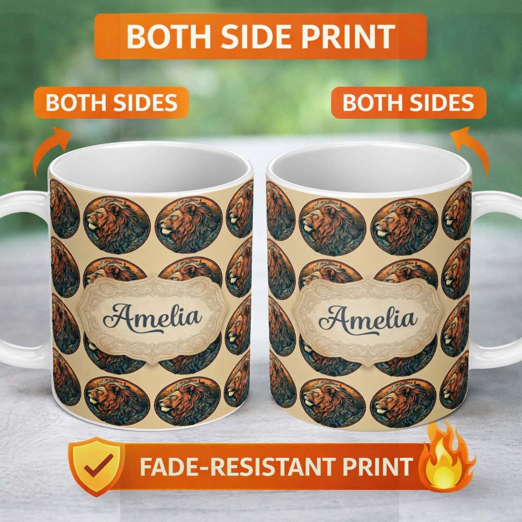 Personalized Custom Name Vintage Lion Medallion Classic Illustration Seamless Pattern Name 11oz Ceramic Coffee Tea Mug White Large Handle