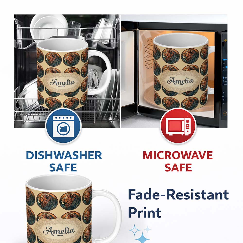 Personalized Custom Name Vintage Lion Medallion Classic Illustration Seamless Pattern Name 11oz Ceramic Coffee Tea Mug White Large Handle