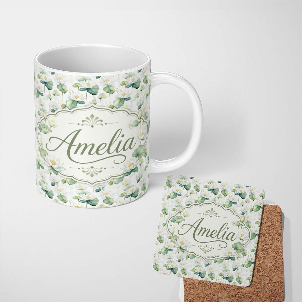 Personalized Custom Name White Lotus Flower Botanical Watercolor Seamless Pattern Name Cute 11oz Ceramic Coffee Tea Mug White Large Handle