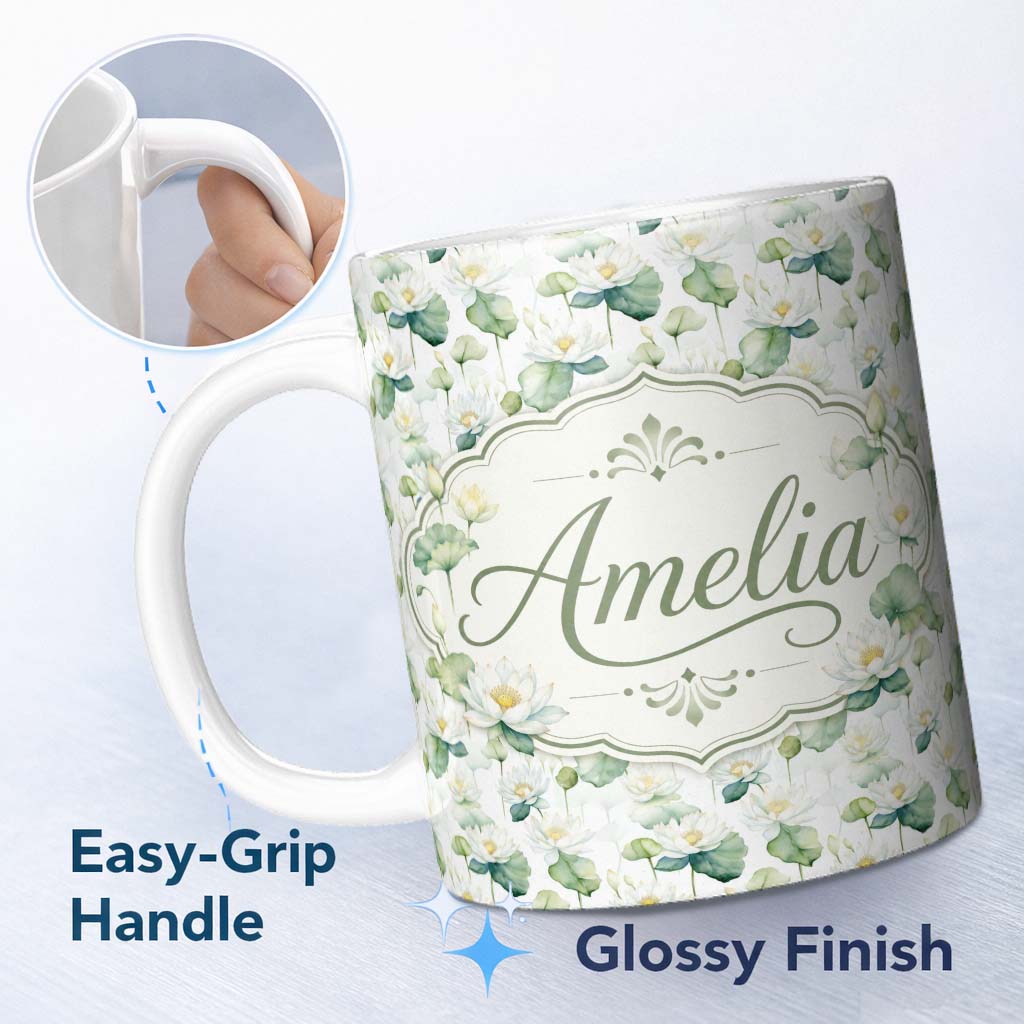 Personalized Custom Name White Lotus Flower Botanical Watercolor Seamless Pattern Name Cute 11oz Ceramic Coffee Tea Mug White Large Handle