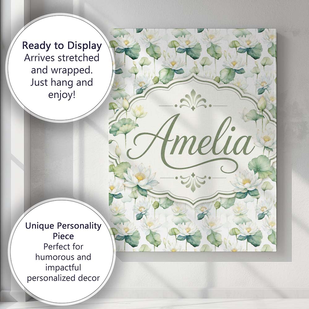Personalised Name White Lotus Flower Custom Premium Decorative Design Modern Room Accent Canvas Wall Art Print Decor Picture Ready to Hang