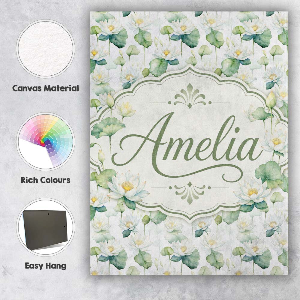 Personalised Name White Lotus Flower Custom Premium Decorative Design Modern Room Accent Canvas Wall Art Print Decor Picture Ready to Hang