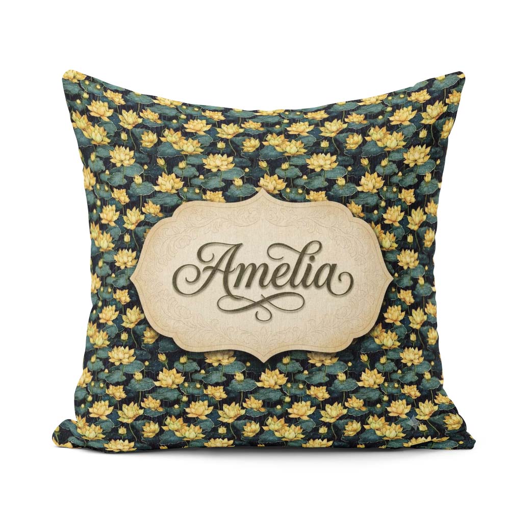 Custom Name Golden Pond Floral Nature Seamless Pattern Name Cute Square Filled Cushion Throw Pillow Sofa Bed Home Decor Zip Washable UK Made