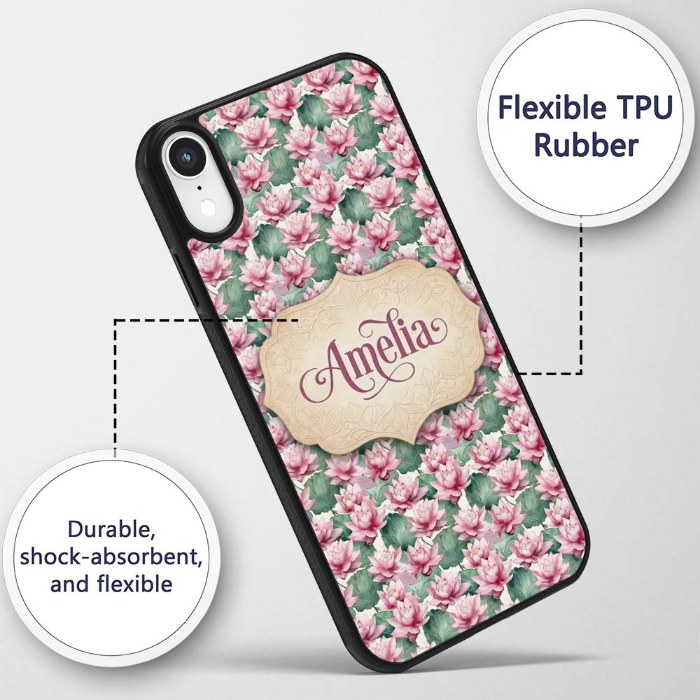Pink Lotus Flower Botanical Watercolor Seamless Custom Name Protective Phone Case Mobile Cover Durable Everyday Smartphone Shock Resistant