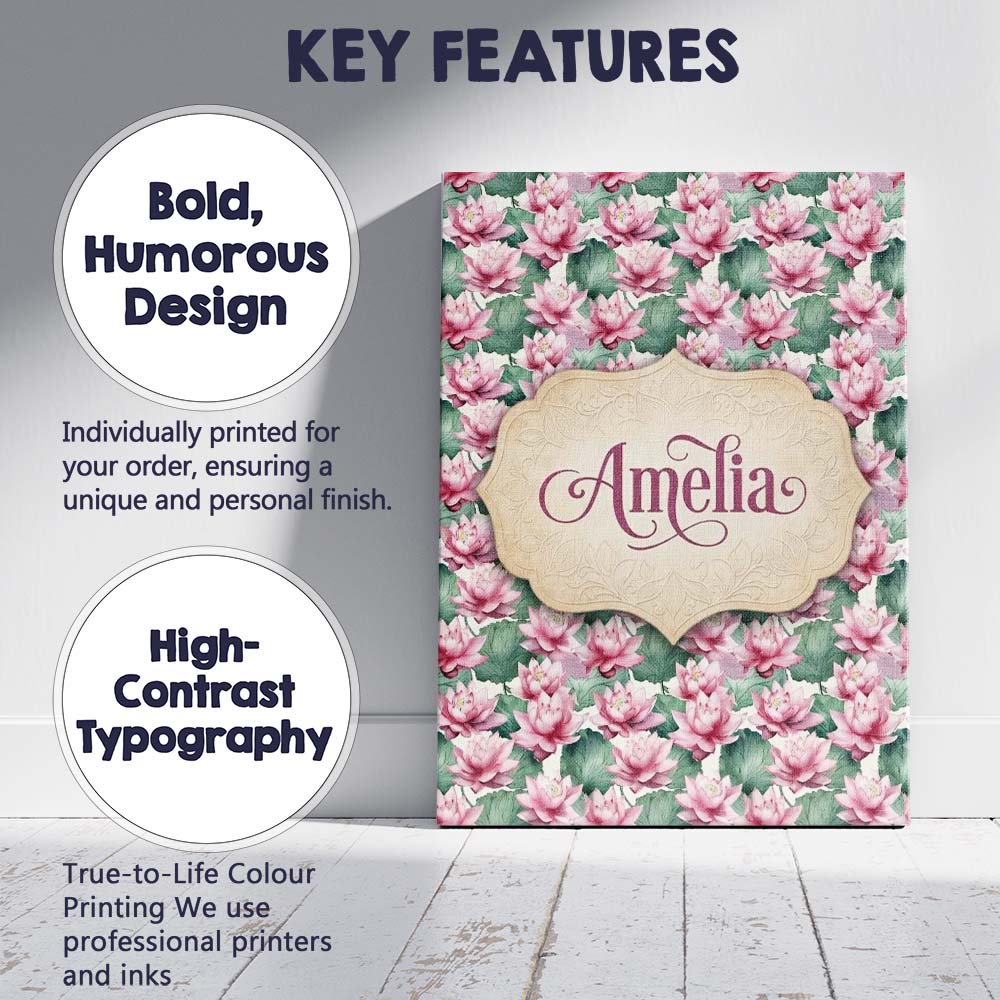 Personalised Name Pink Lotus Flower Botanical Custom Unique Gift Idea Modern Room Accent Canvas Wall Art Print Decor Picture Ready to Hang